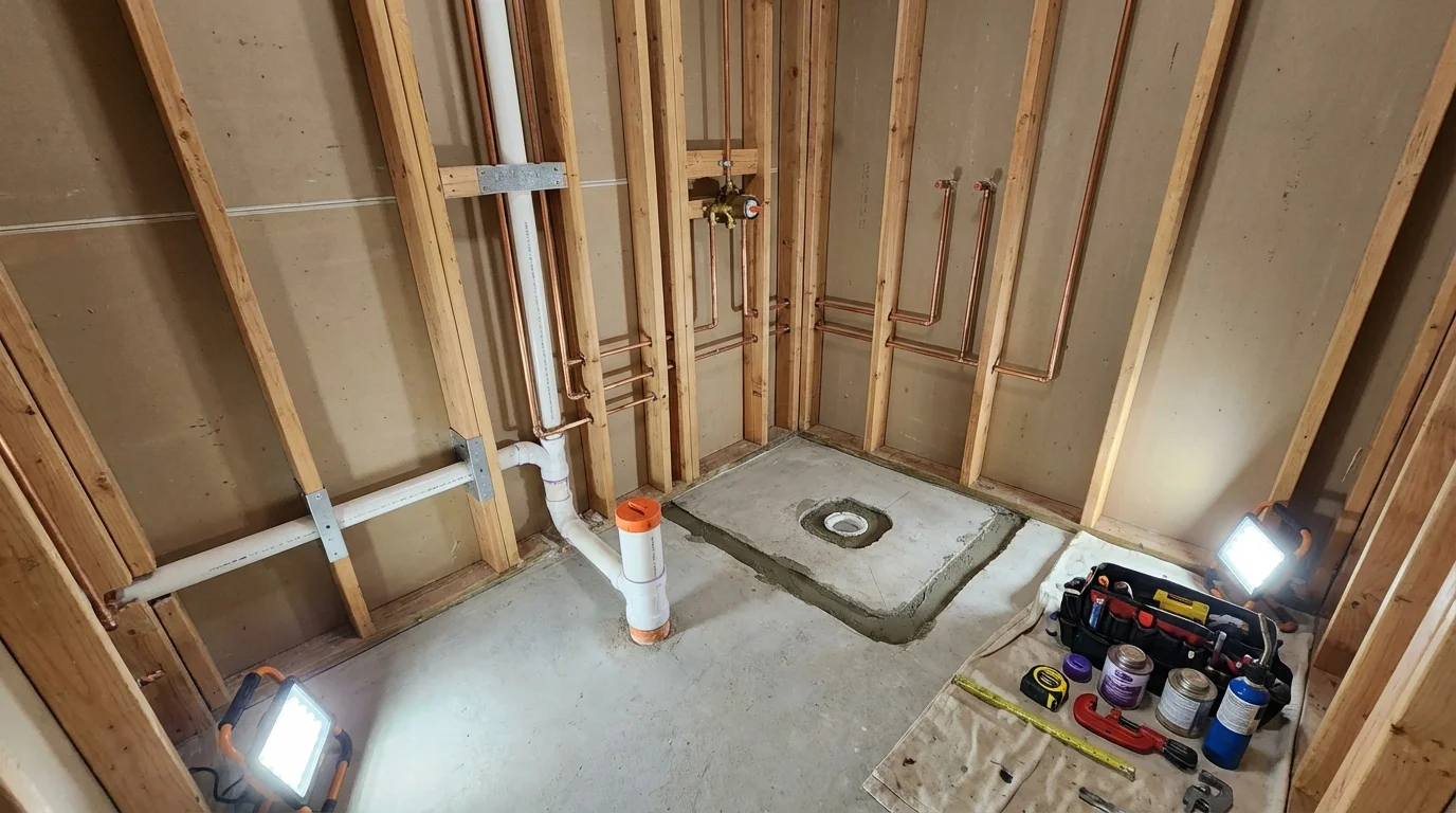 Bathroom rough-in plumbing during remodel by Johns Plumbing LLC in Roanoke