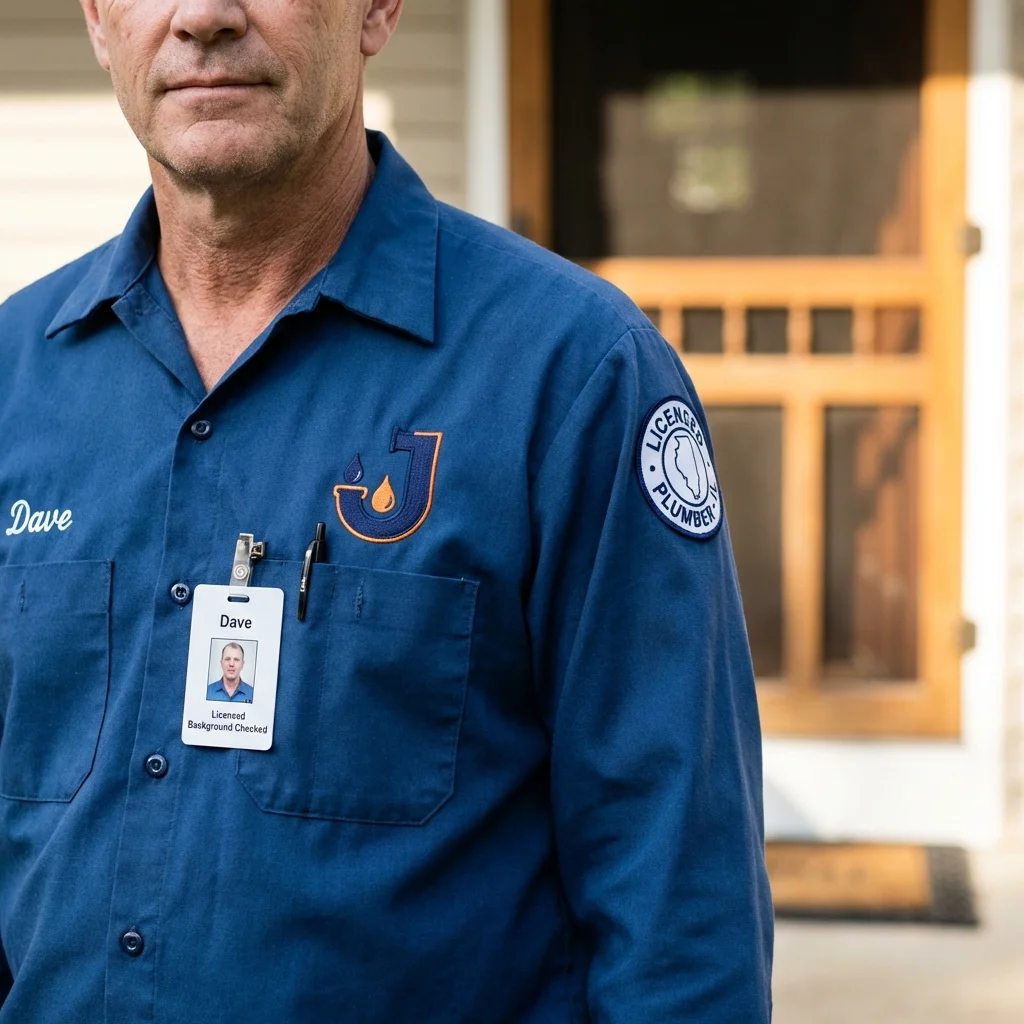 Licensed plumber showing ID badge in Roanoke, IN
