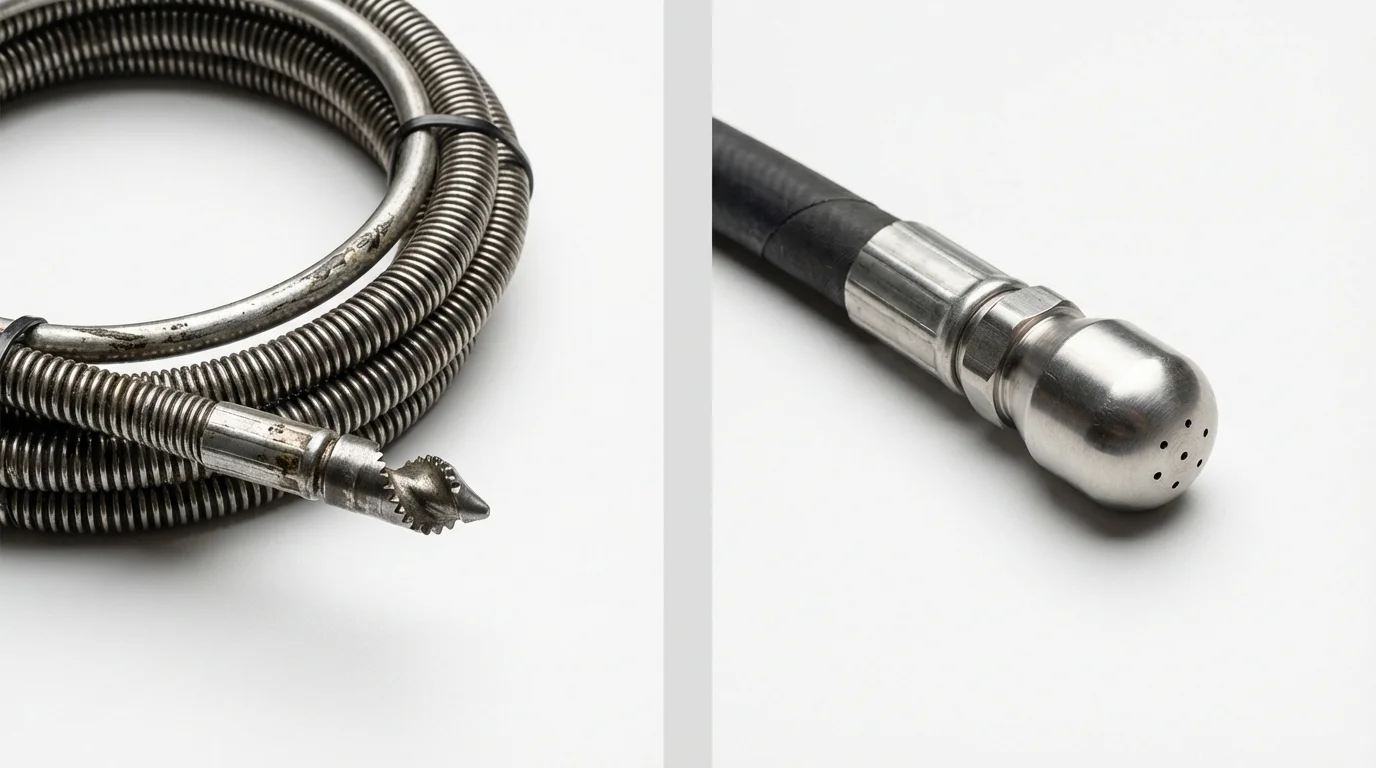 Drain snake cable and hydro jetting nozzle used for drain cleaning in Roanoke, IN