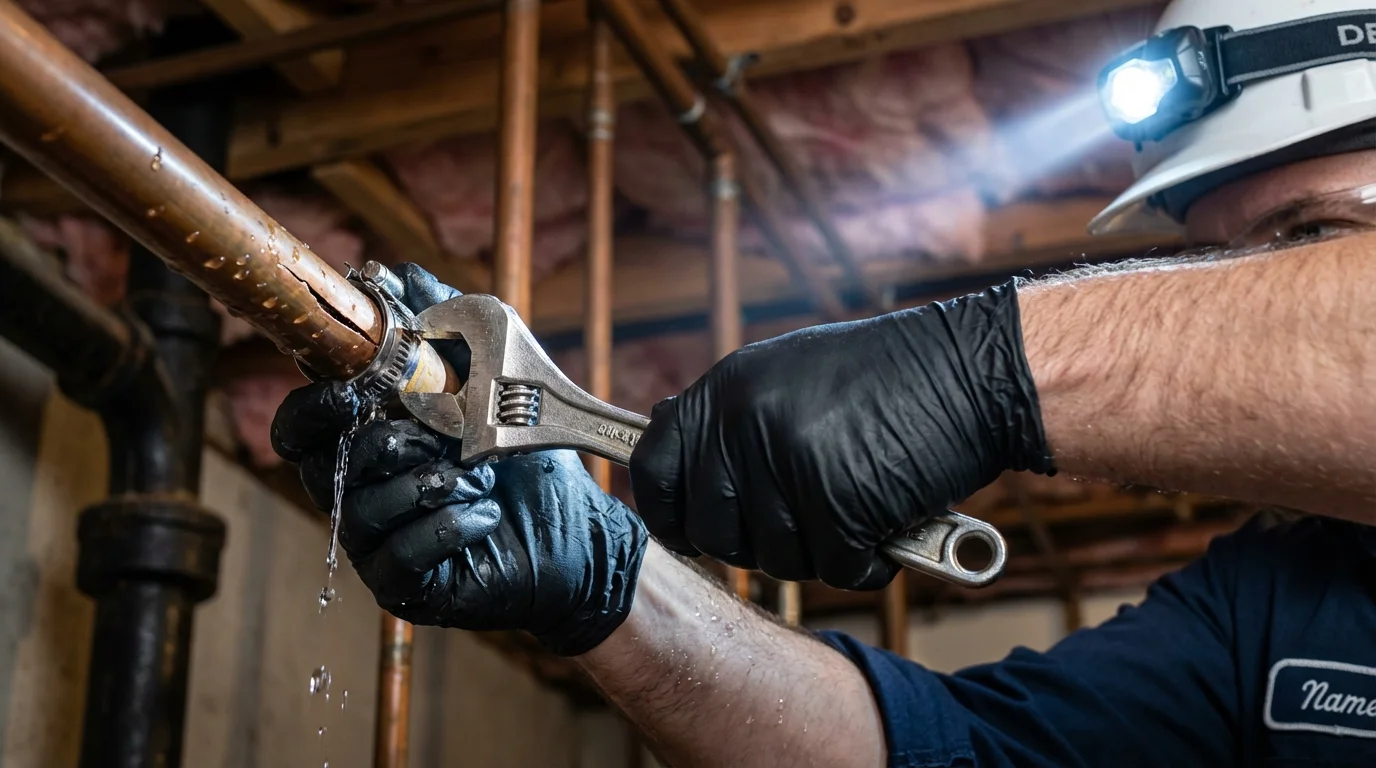 Emergency pipe clamp repair being performed by a Johns Plumbing LLC plumber in Roanoke