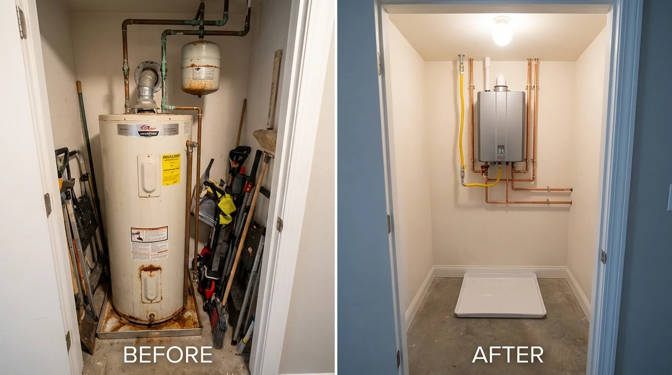 Tank water heater versus wall-mounted tankless unit comparison for Roanoke, IN homeowners
