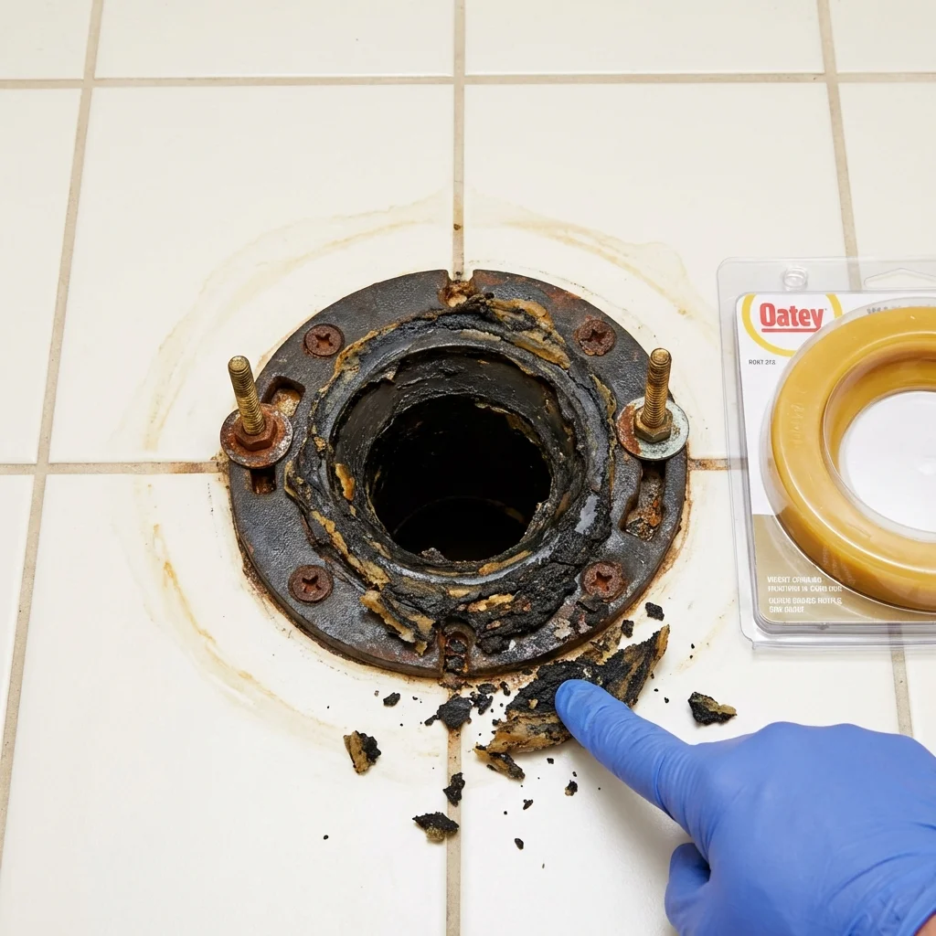 Failed wax ring showing water seepage at the base of a toilet in a Roanoke, IN home
