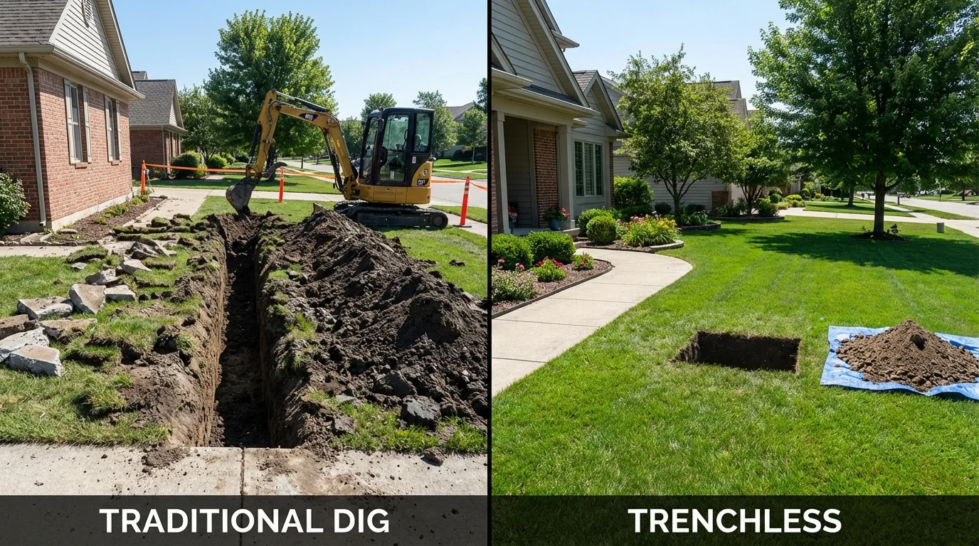 Trenchless sewer repair with minimal yard damage versus traditional excavation in Roanoke, IN