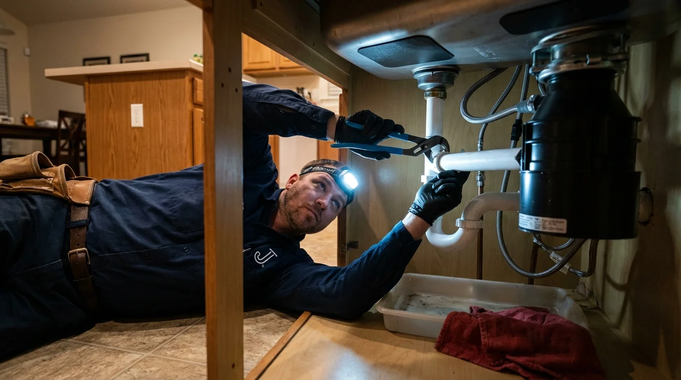 P-trap and supply line connections under a kitchen sink showing a common leak point in Roanoke, IN